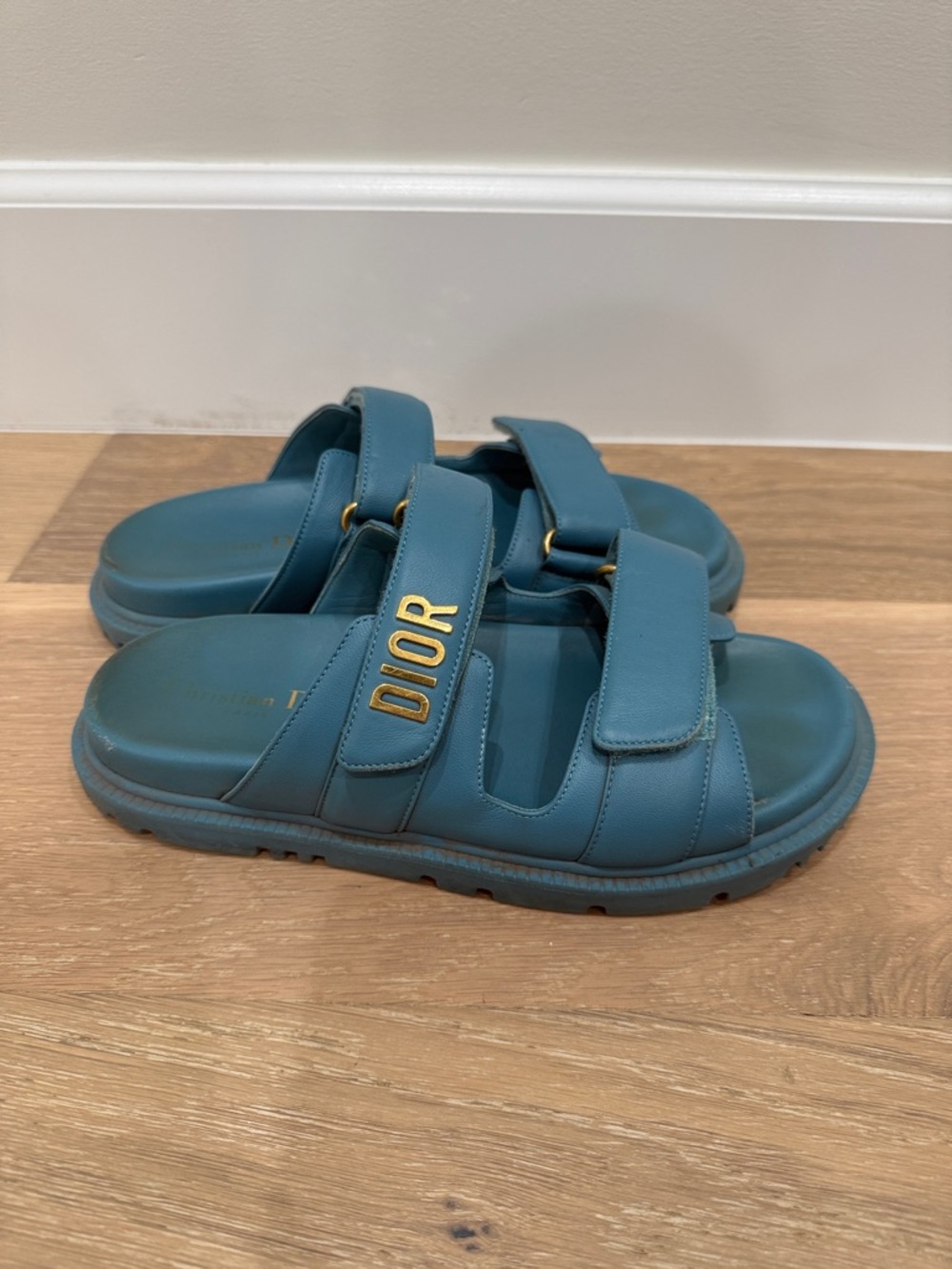 Authentic pre loved Dior Teal Leather Velcro Strap Sandals with Gold Logo - Picture 2 of 4